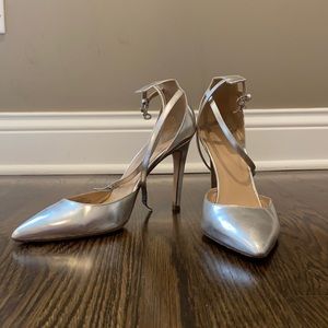 JCrew silver leather ankle closure pumps